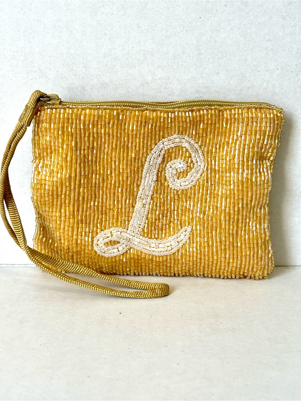 Gold Beaded Wristlet Clutch with Monogram L